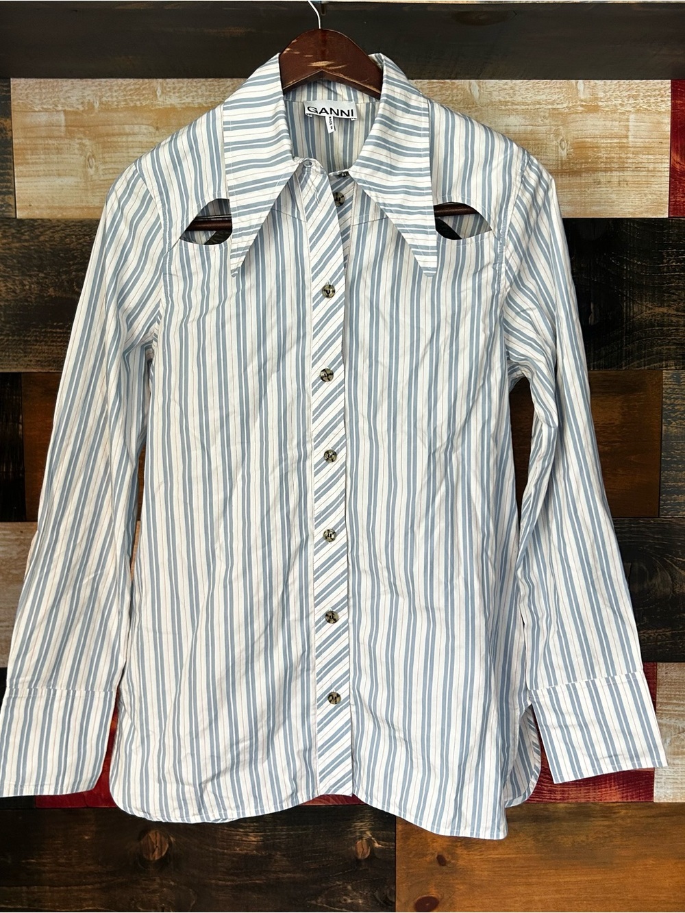 Ganni Light Blue & White Striped Button-Down Shirt cutout blouse 32 Large woman